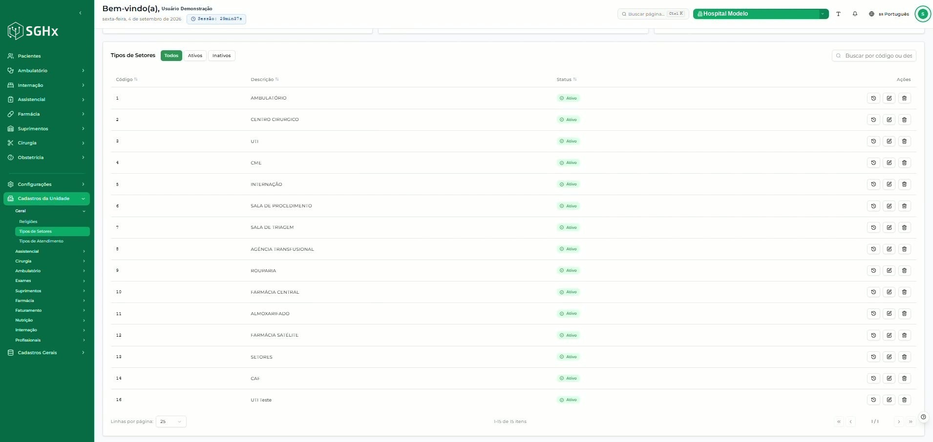 Listagem de tipos de setores com o novo registro UTI Teste apresentado ao final da lista