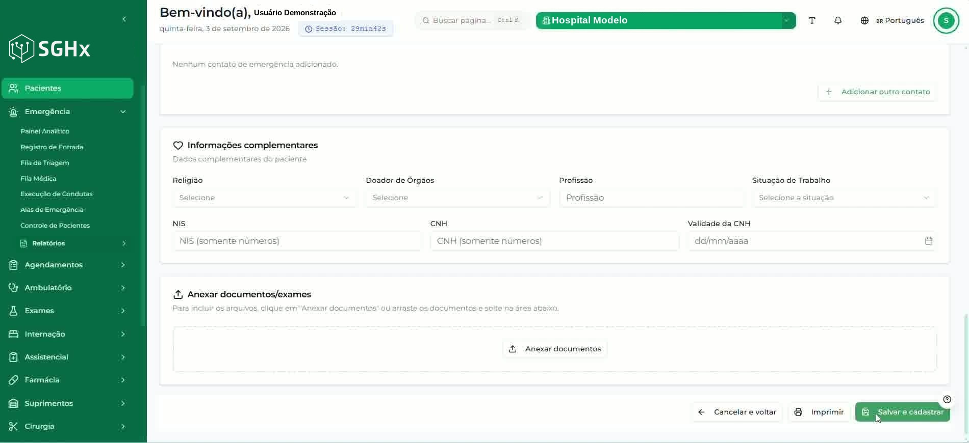 Seção de informações complementares, anexos e botões de finalização do cadastro