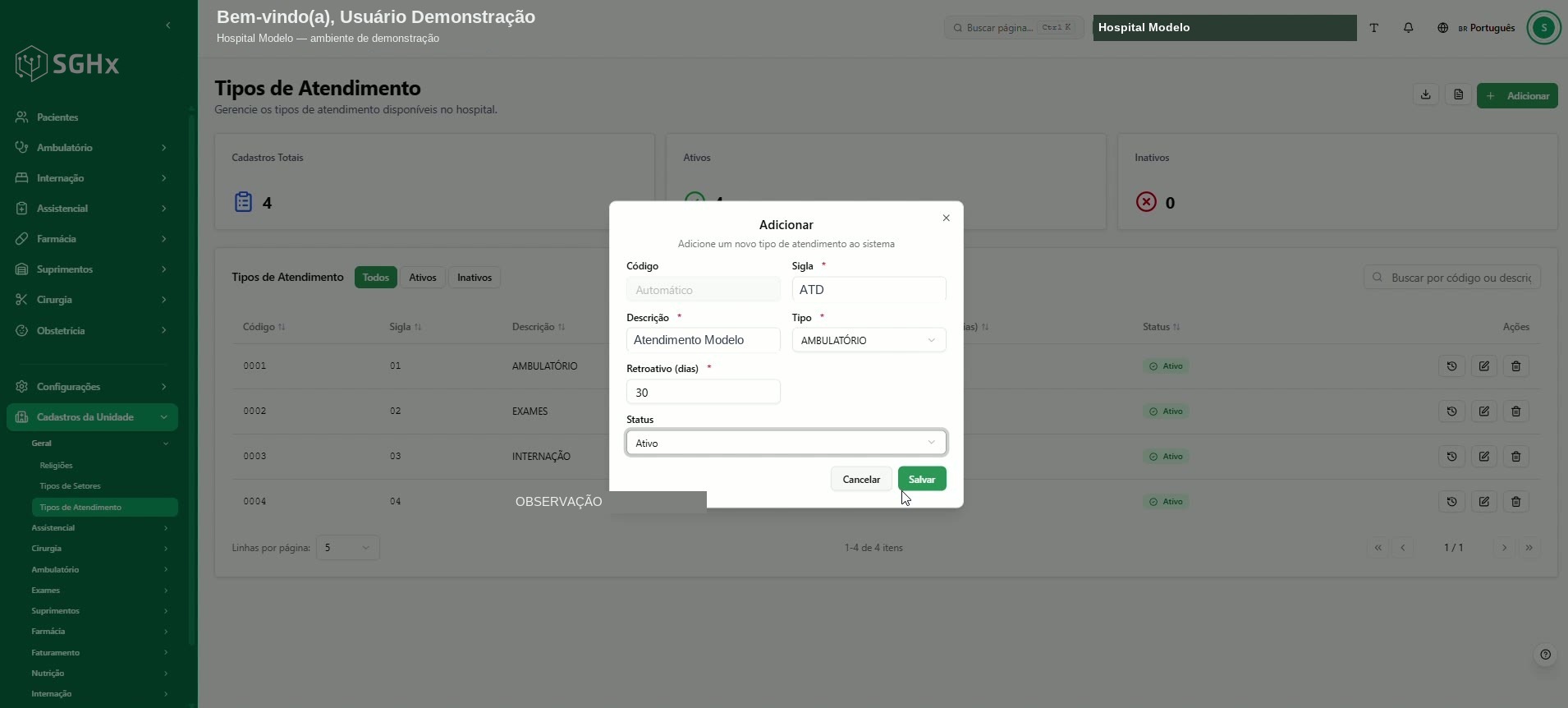 Modal de cadastro preenchido com o botão Salvar em destaque
