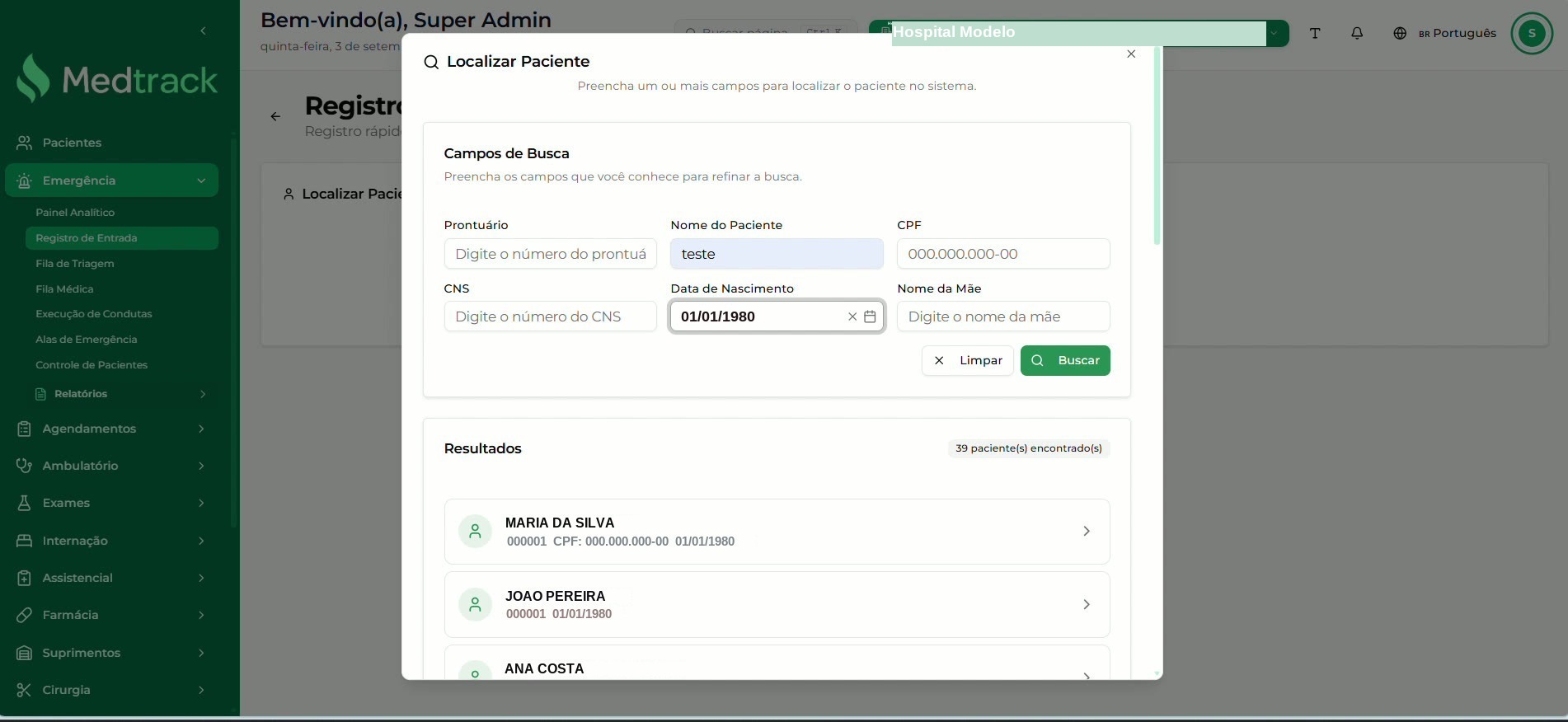 Janela Localizar Paciente com os campos de busca, o botão Buscar e a lista de resultados