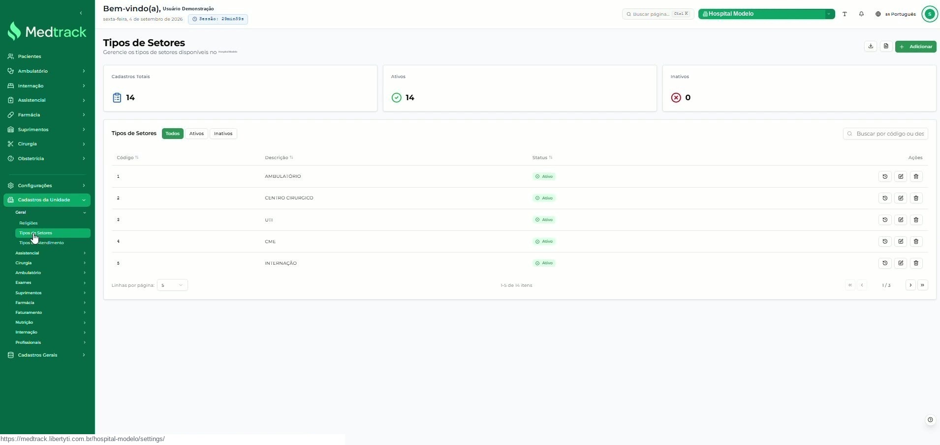 Tela Tipos de Setores com os indicadores, os filtros de status, o campo de busca e a listagem