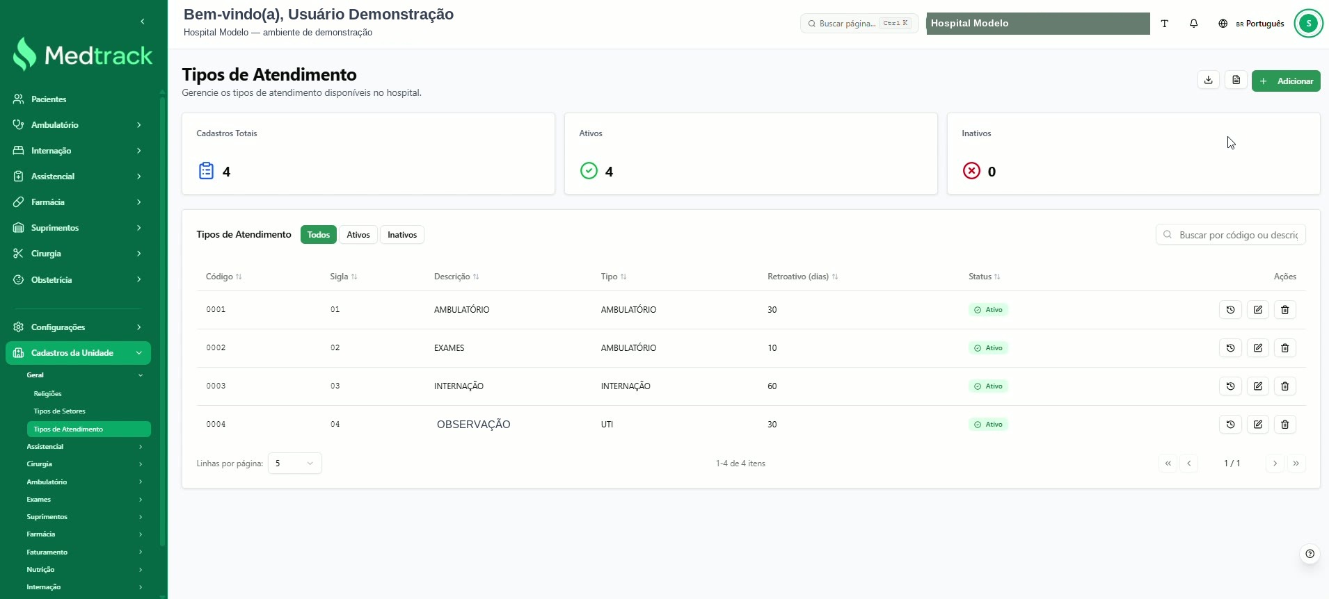 Tela Tipos de Atendimento com o item selecionado no menu lateral, o título da página e a listagem dos registros