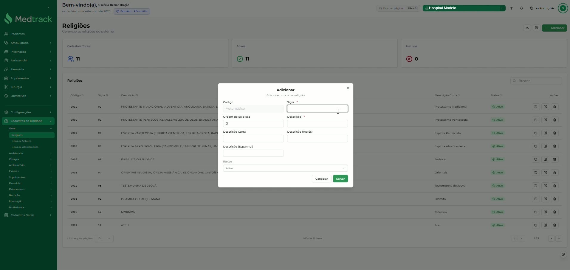 Modal Adicionar com os campos Código, Sigla, Ordem de Exibição, Descrição, Descrição Curta, Descrição (Inglês), Descrição (Espanhol) e Status