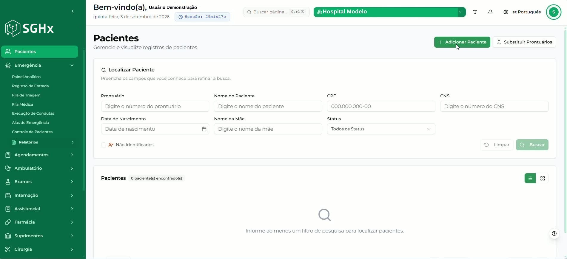 Tela inicial de Pacientes do SGHx com a área Localizar Paciente e o botão Adicionar Paciente