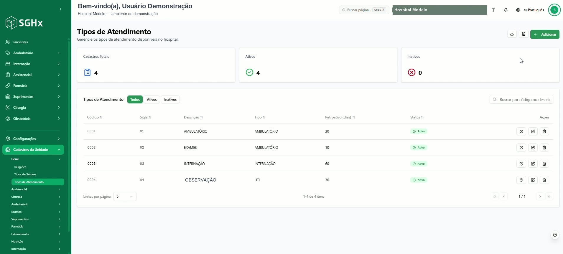 Tela Tipos de Atendimento com o botão Adicionar em destaque
