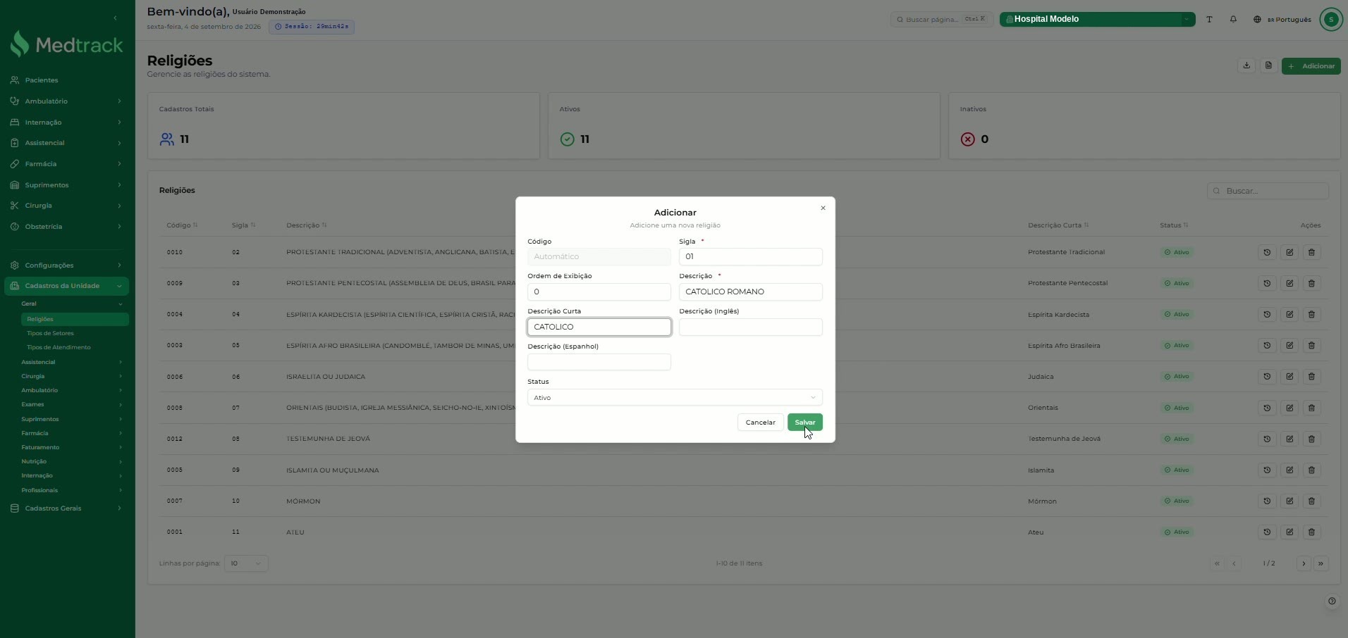 Modal Adicionar preenchido, com os botões Cancelar e Salvar em destaque