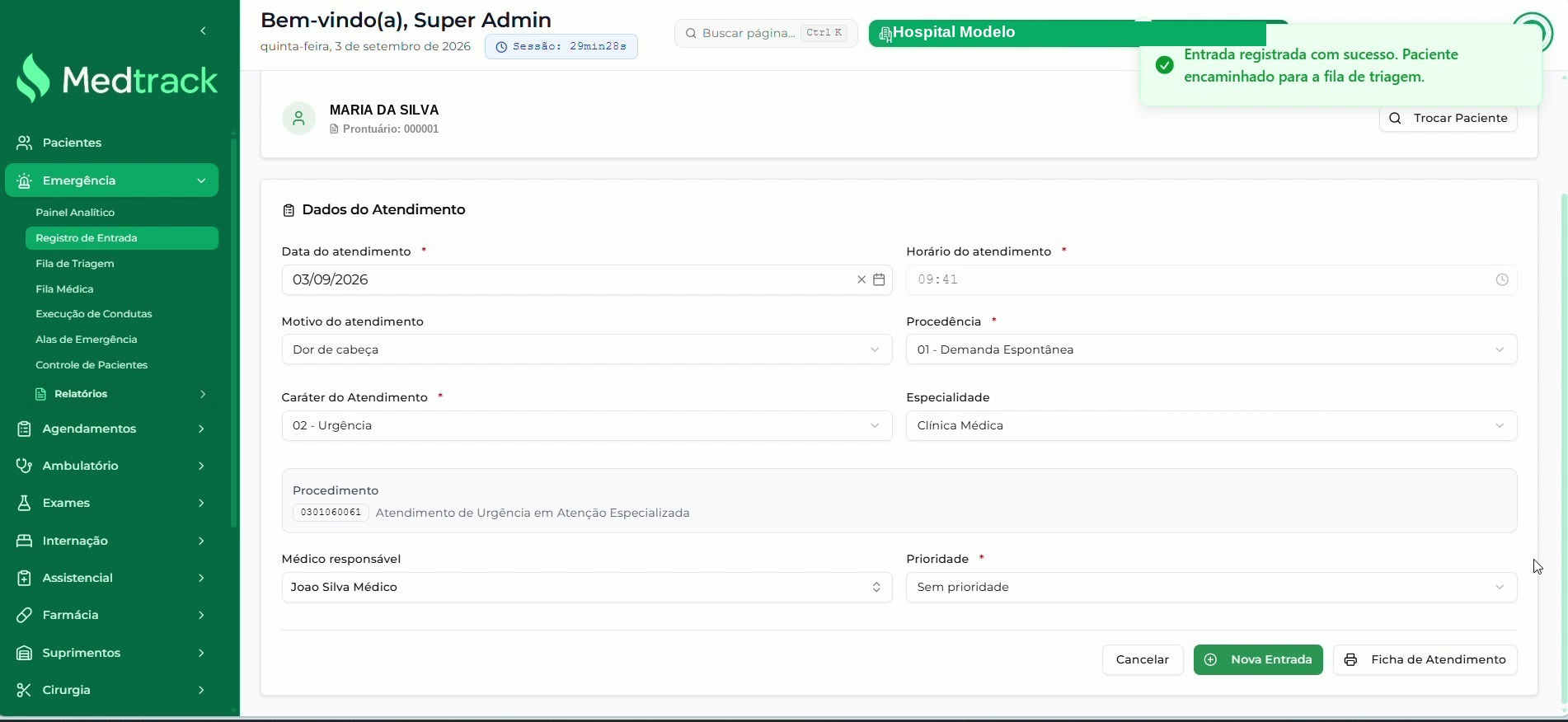 Mensagem de entrada registrada com sucesso e as ações Nova Entrada e Ficha de Atendimento