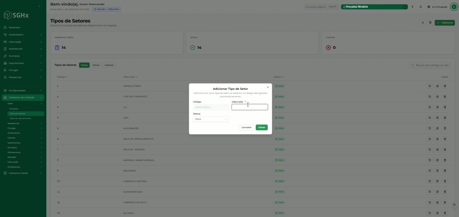 Modal Adicionar Tipo de Setor com os campos Código, Descrição e Status