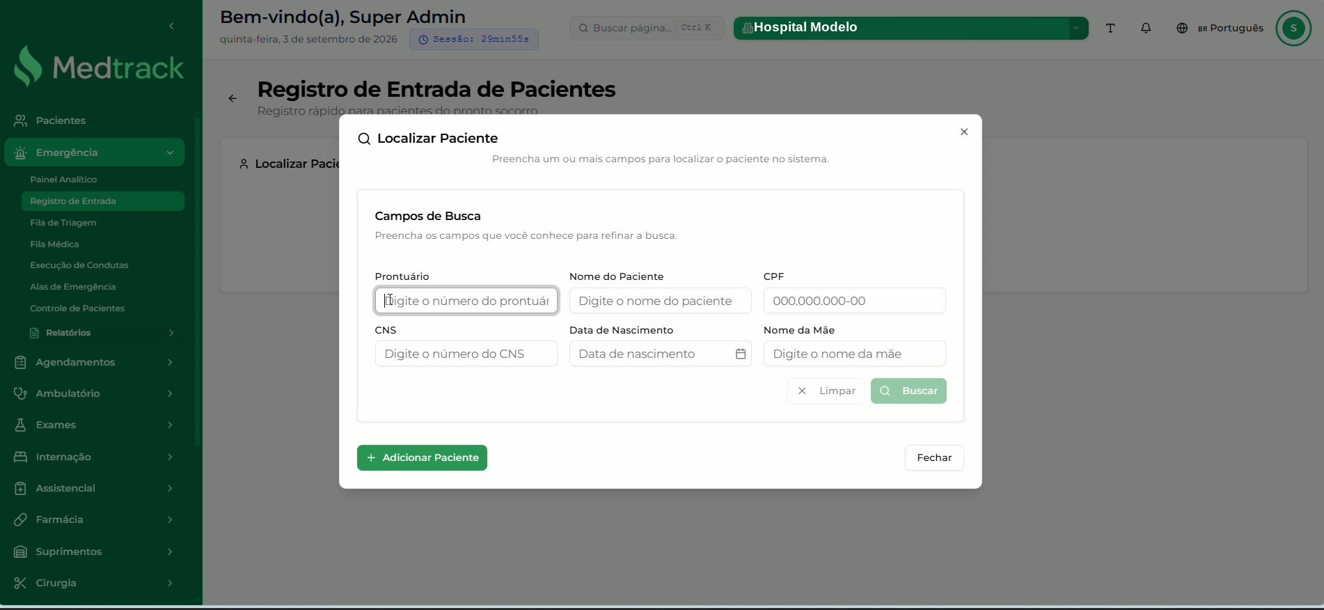 Janela Localizar Paciente com o botão Adicionar Paciente na parte inferior