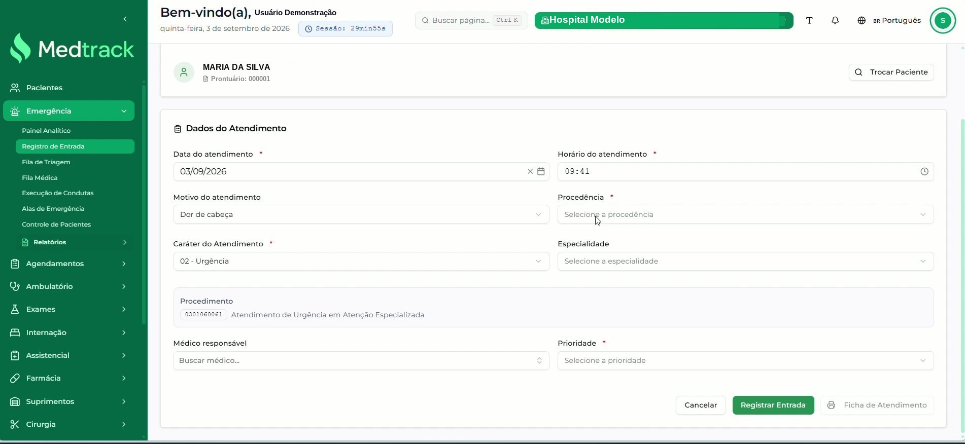 Seção Dados do Atendimento com os campos agrupados por finalidade