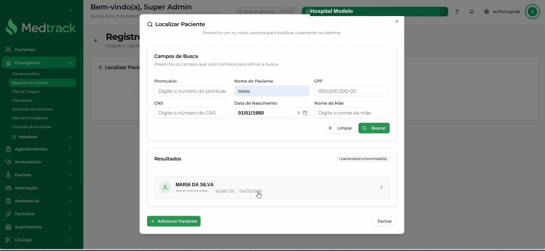 Menu lateral do SGHx com o módulo Emergência aberto e a opção Registro de Entrada selecionada