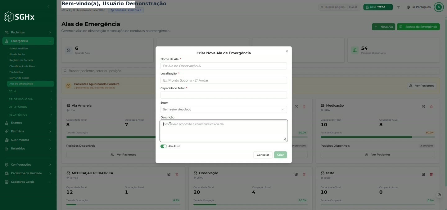 Modal Criar Nova Ala de Emergência com os campos Nome da Ala, Localização, Capacidade Total, Setor, Descrição e Ala Ativa