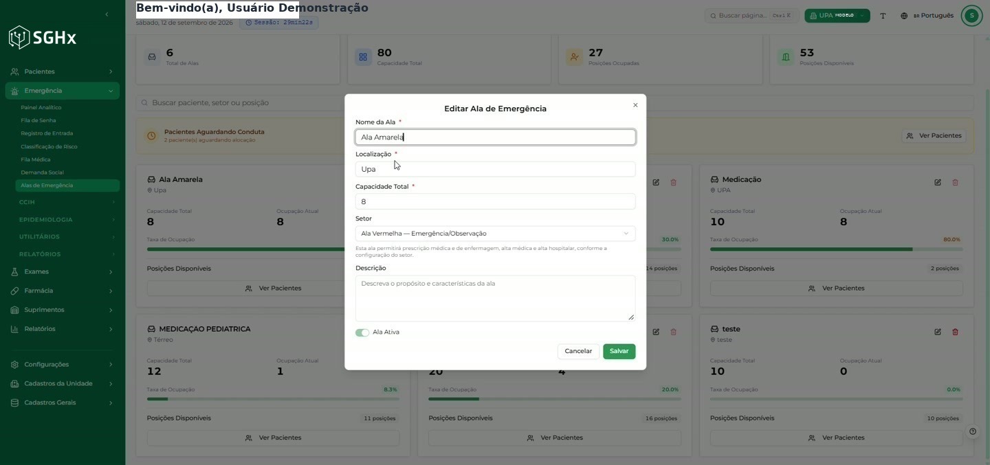 Card de ala com nome, localização, capacidade total, ocupação atual, taxa de ocupação, posições disponíveis e os ícones de editar e excluir