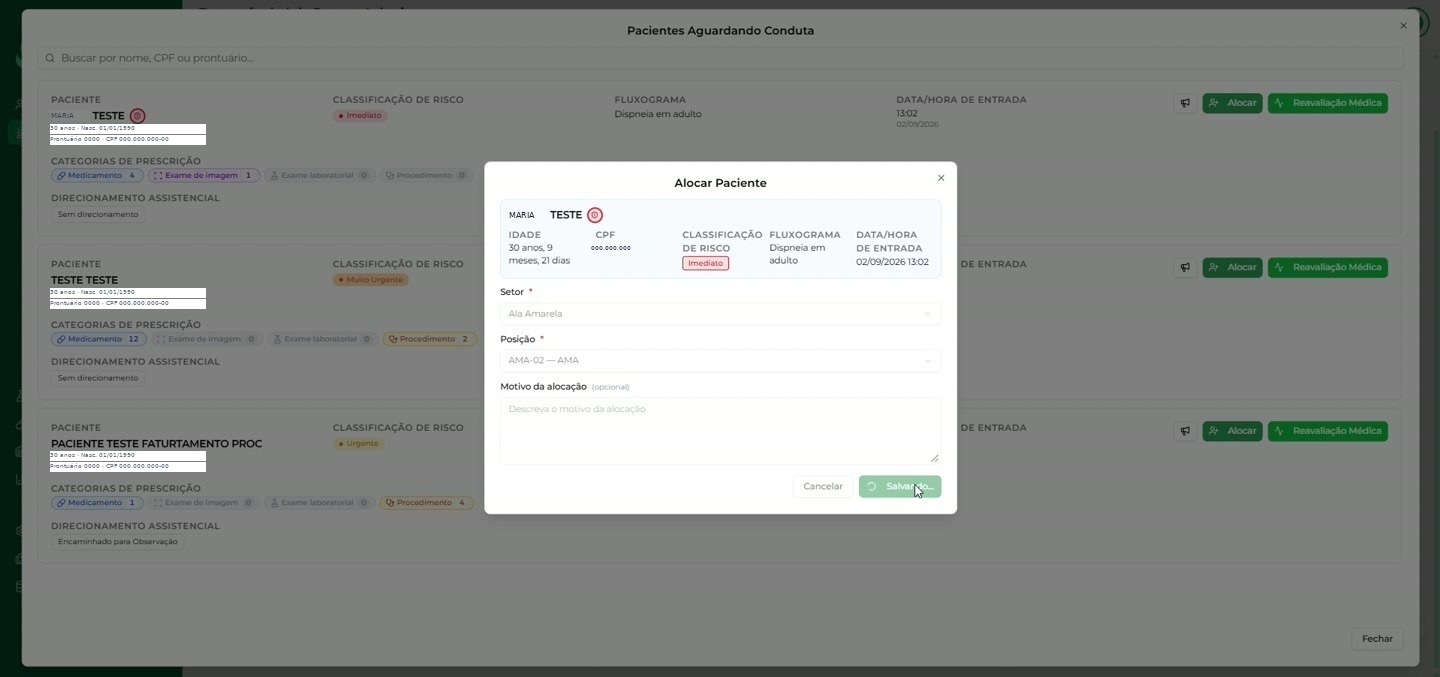 Modal Alocar Paciente com identificação do paciente, classificação de risco, fluxograma, data e hora de entrada, campo Setor e campo Posição