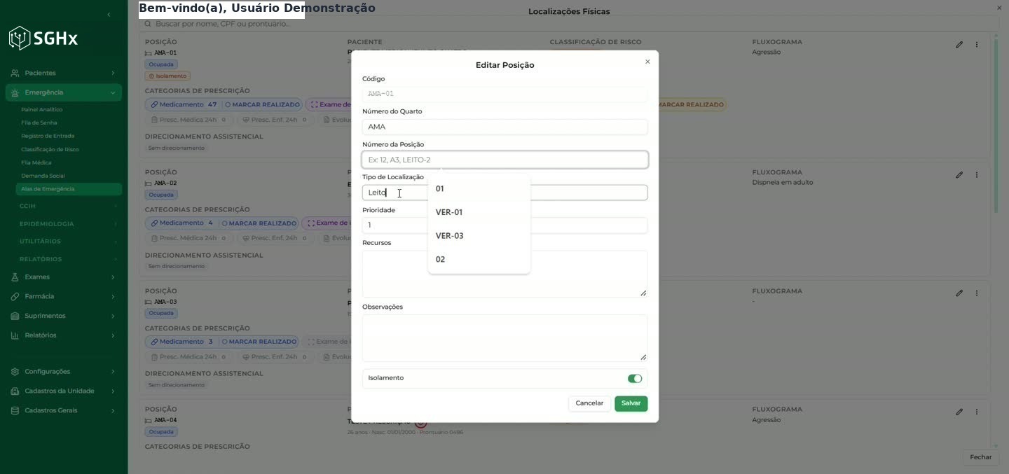 Modal de edição da posição com Código, Número do Quarto, Número da Posição, Tipo de Localização, Prioridade, Recursos, Observações e Isolamento