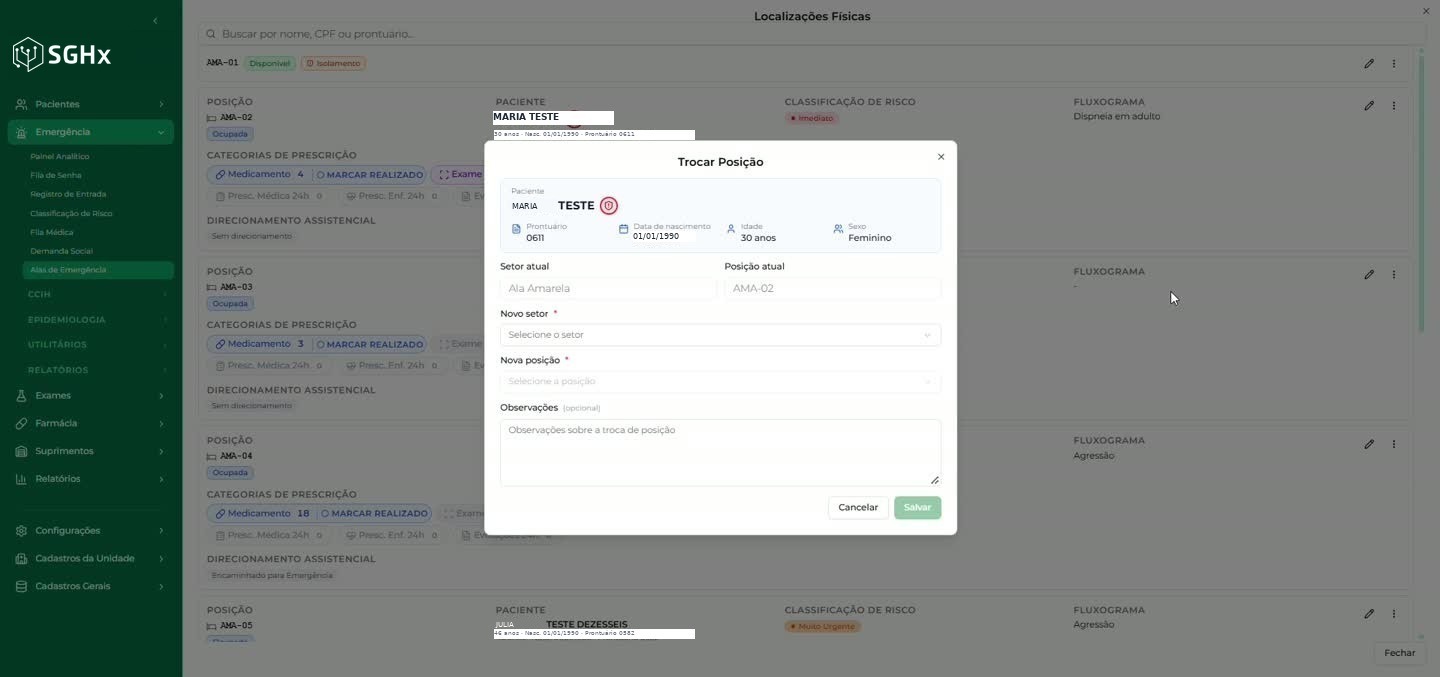 Modal Trocar Posição com Setor atual, Posição atual, Novo setor, Nova posição e Observações