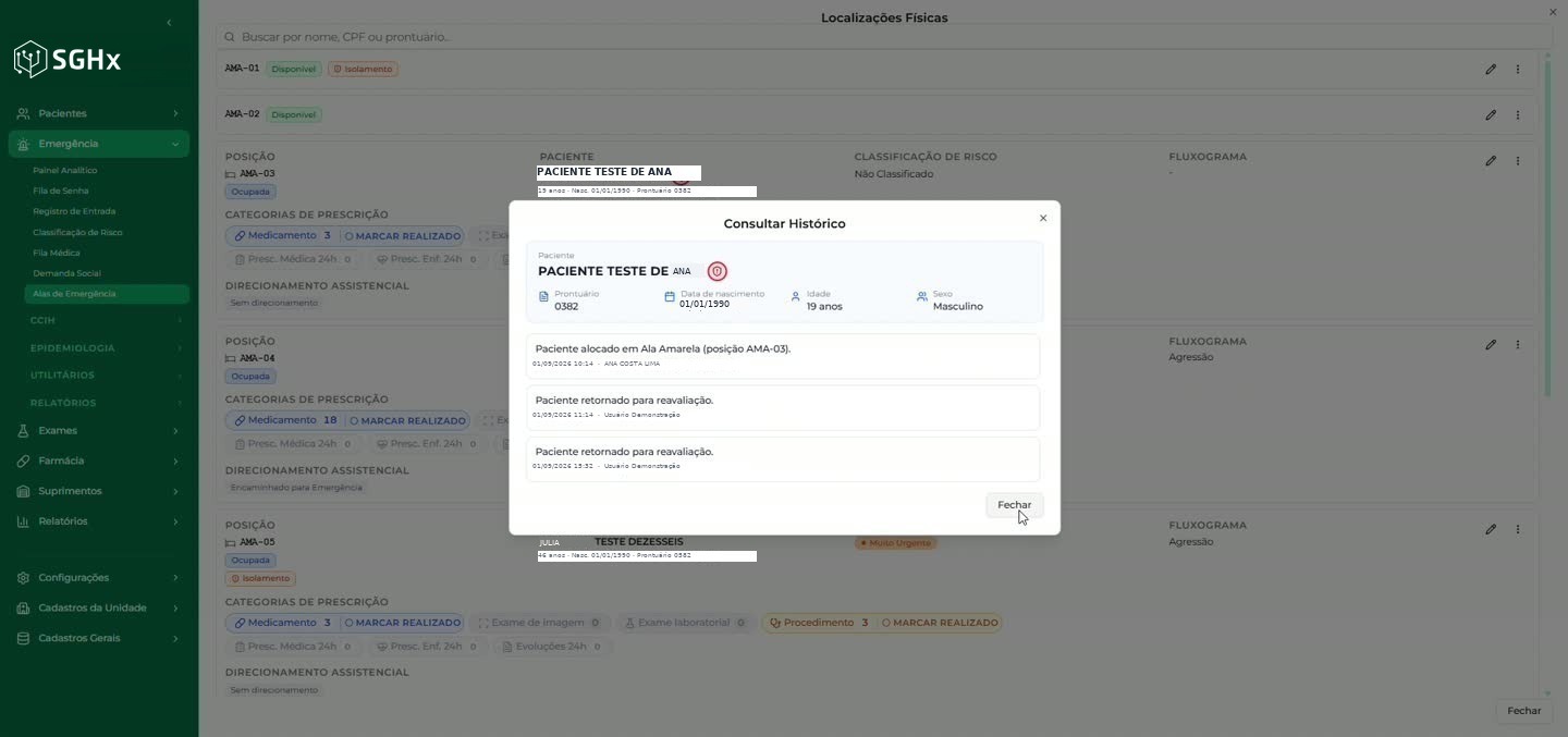 Modal Consultar Histórico com identificação do paciente e lista cronológica de movimentações com data, hora e profissional