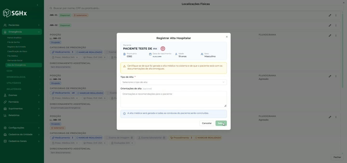 Modal Registrar Alta Hospitalar com alerta, Tipo de Alta, Orientações de alta e mensagem informativa