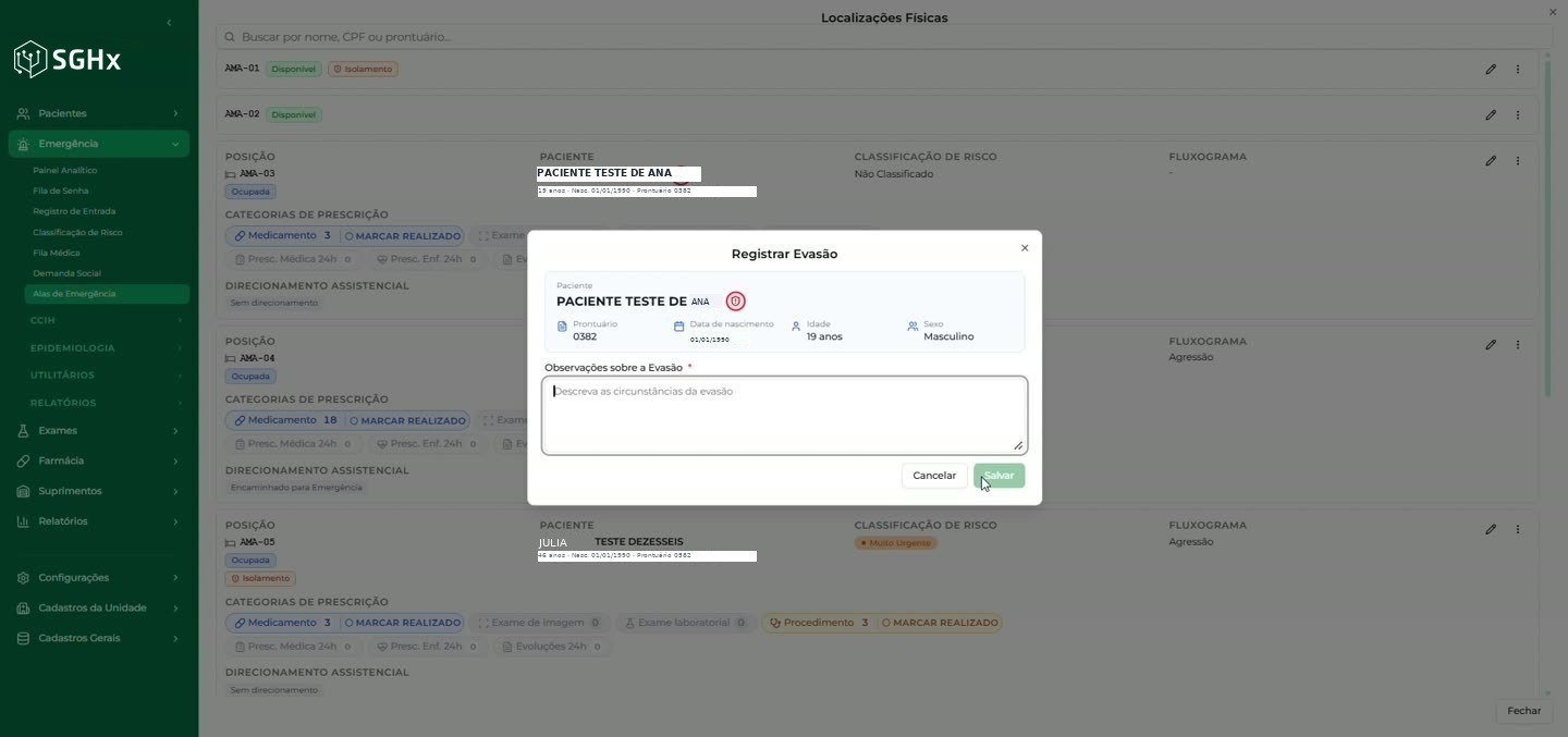 Modal Registrar Evasão com identificação do paciente e o campo Observações sobre a Evasão