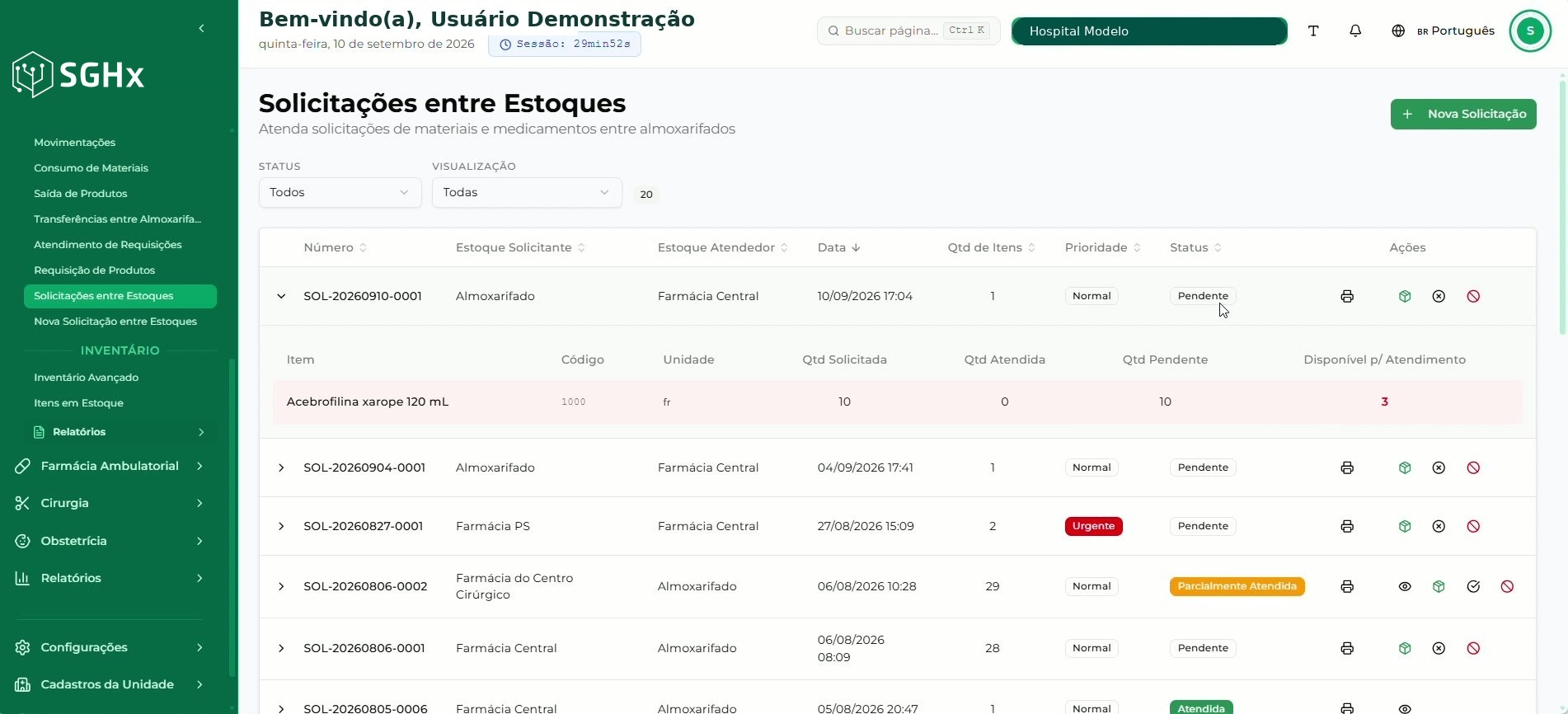 Solicitação expandida com item, código, unidade, quantidade solicitada, atendida, pendente e disponível para atendimento