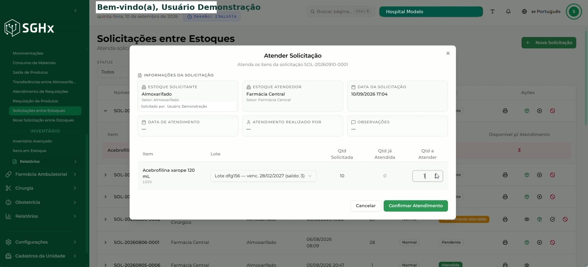 Modal Atender Solicitação com lote específico selecionado, quantidade a atender e a ação Confirmar Atendimento