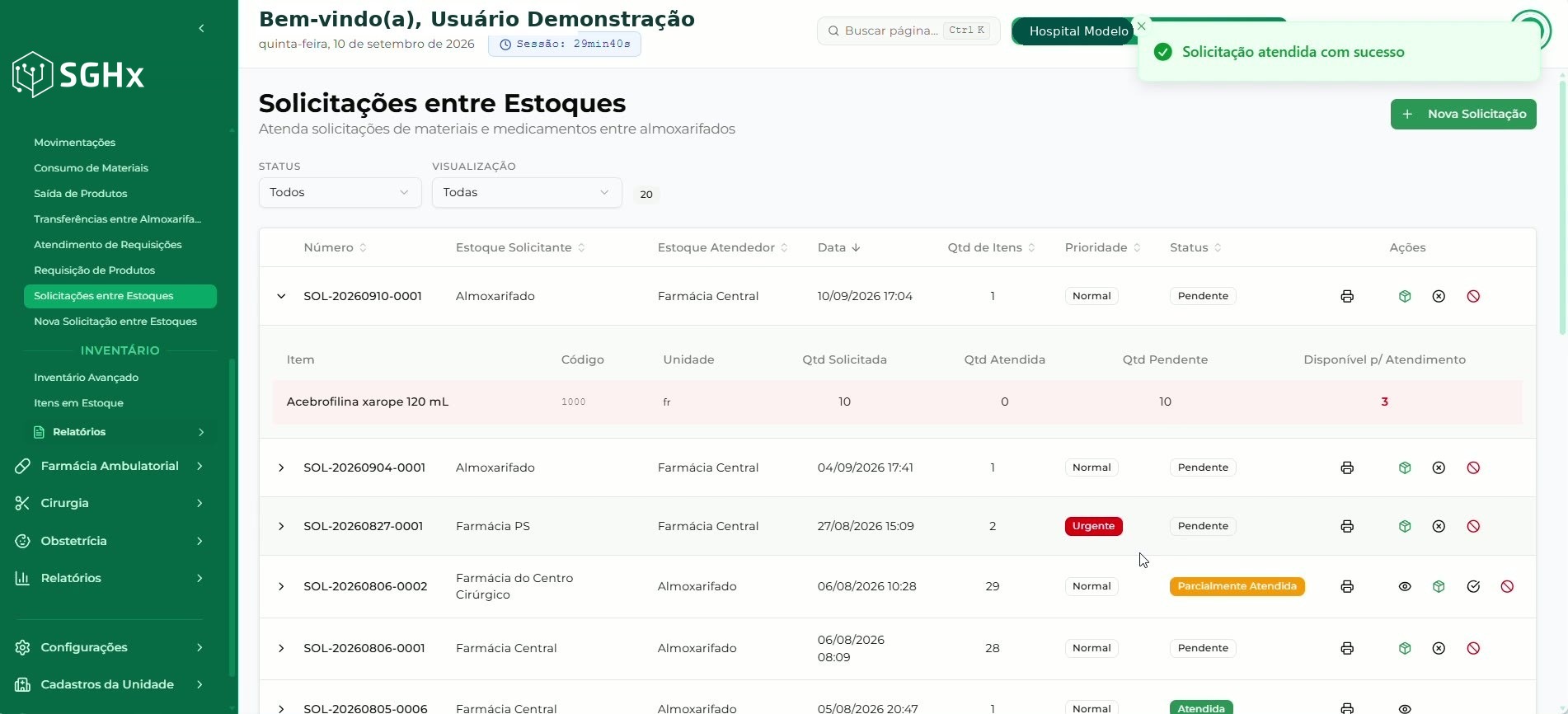 Mensagem Solicitação atendida com sucesso apresentada pelo sistema