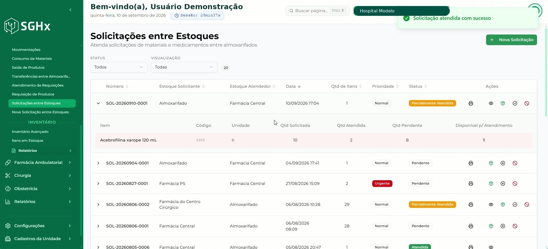 Solicitação com status Parcialmente Atendida e as quantidades solicitada, atendida e pendente