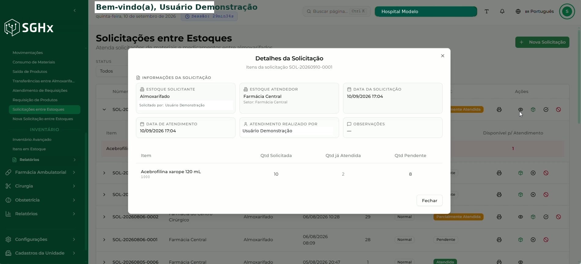 Modal Detalhes da Solicitação com os dados da solicitação, data do atendimento, responsável e quantidades