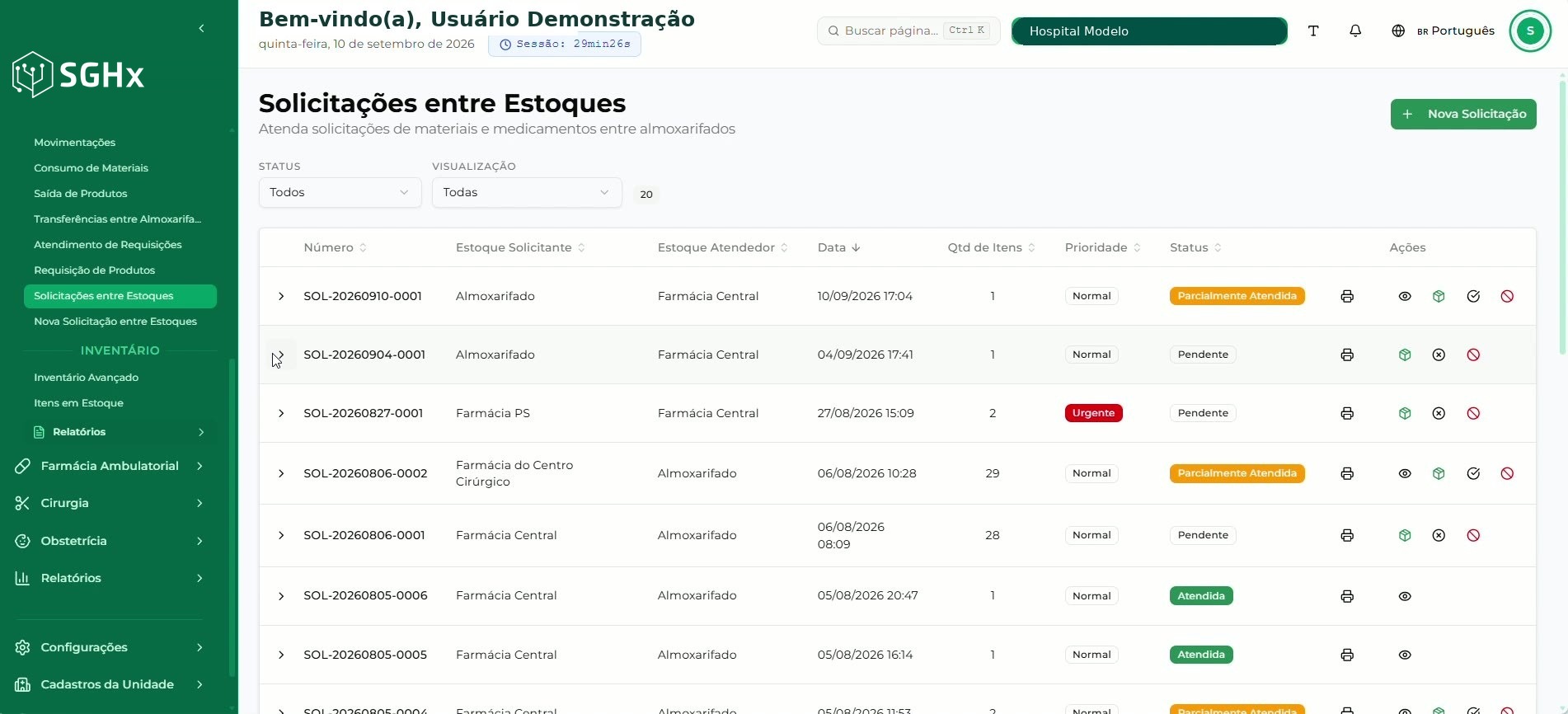 Listagem das solicitações com a ação de recusa na coluna Ações