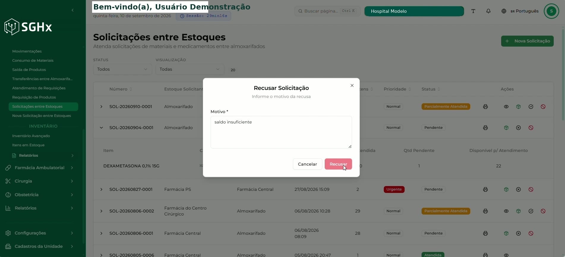 Modal Recusar Solicitação com o campo Motivo e o botão Recusar