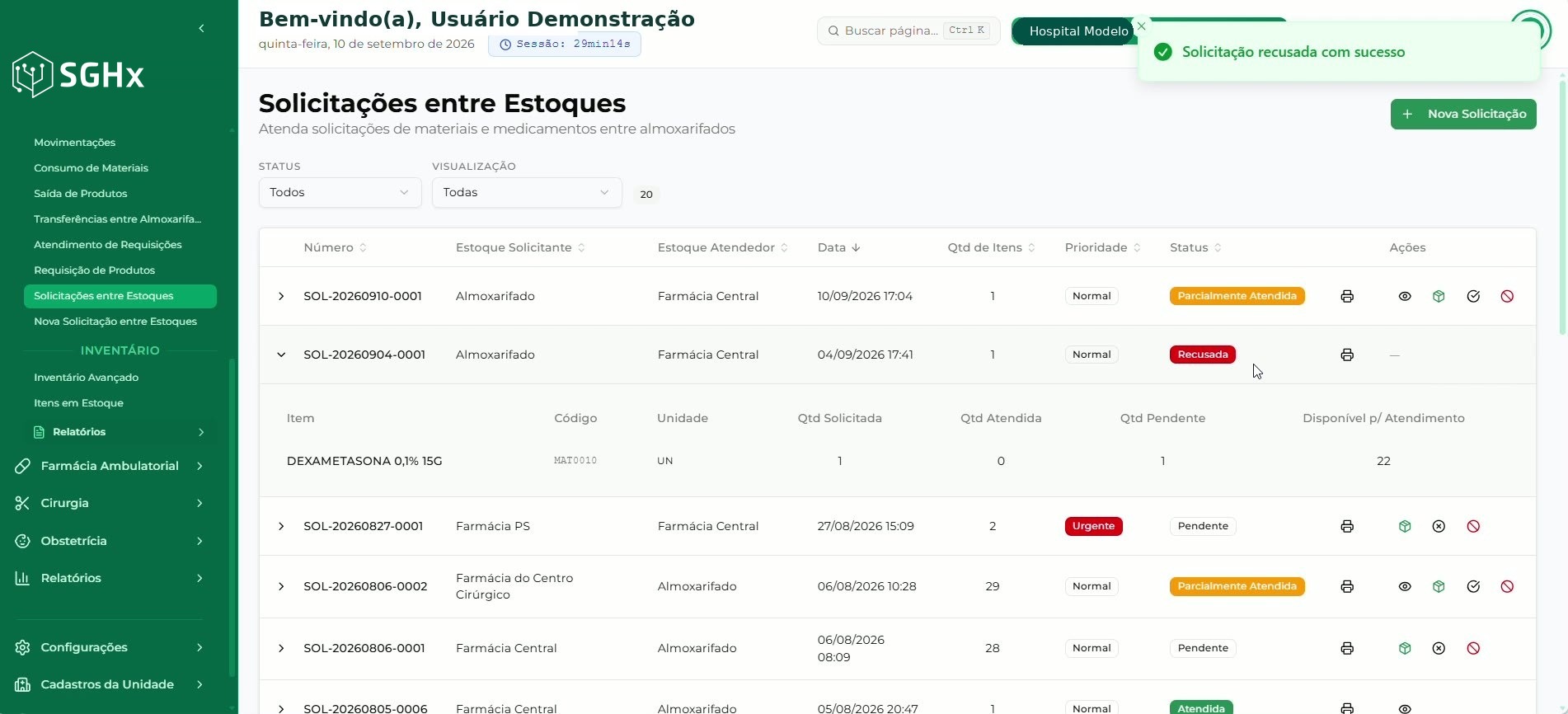 Mensagem Solicitação recusada com sucesso e a solicitação com status Recusada na listagem