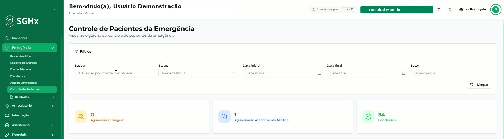 Menu lateral com Emergência aberto, opção Controle de Pacientes selecionada e topo da página Controle de Pacientes da Emergência