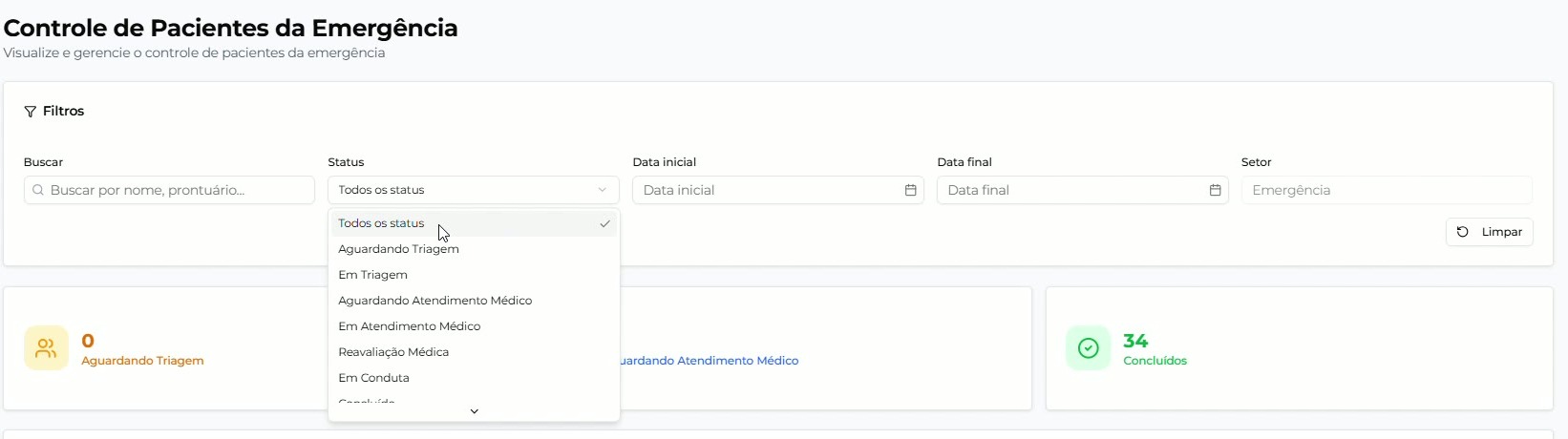 Bloco Filtros do Controle de Pacientes da Emergência com o campo Status aberto exibindo as situações disponíveis