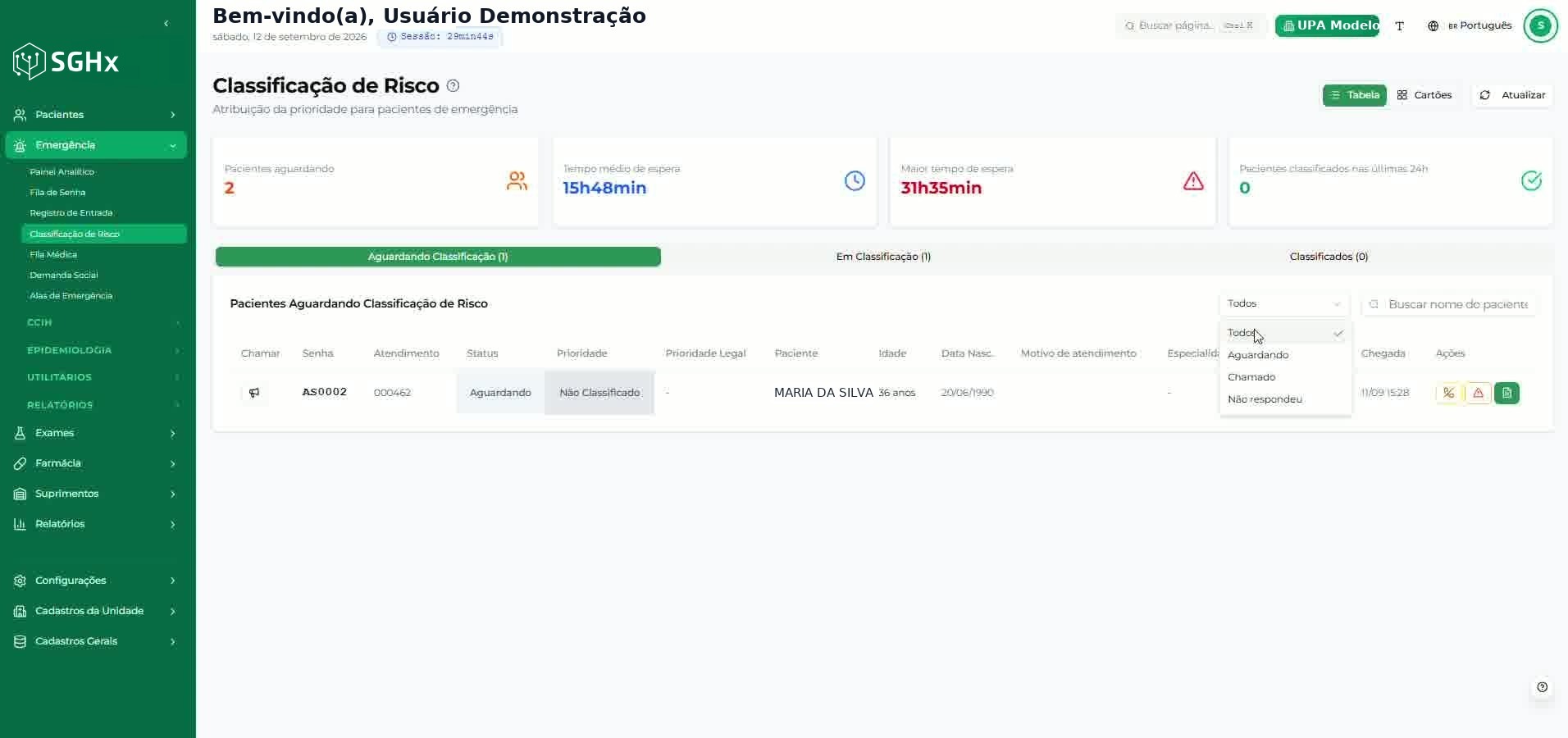 Aba Aguardando Classificação com o filtro de status aberto e o campo de pesquisa