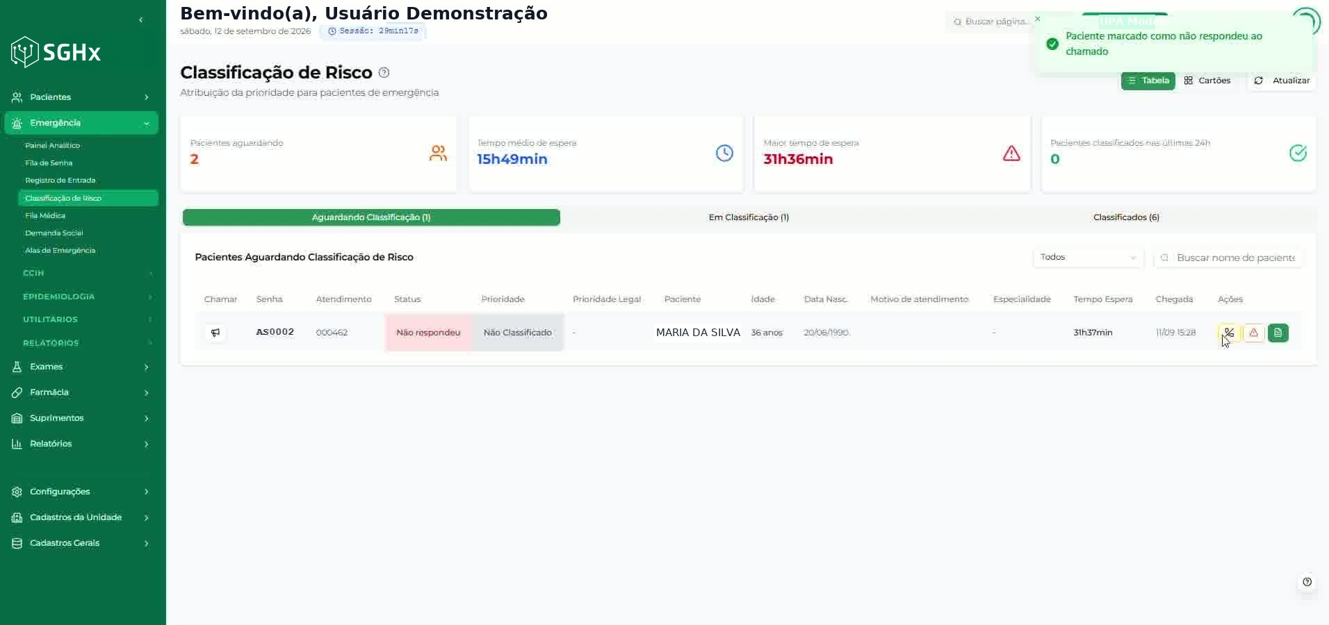 Linha do paciente com o status Não respondeu após a confirmação