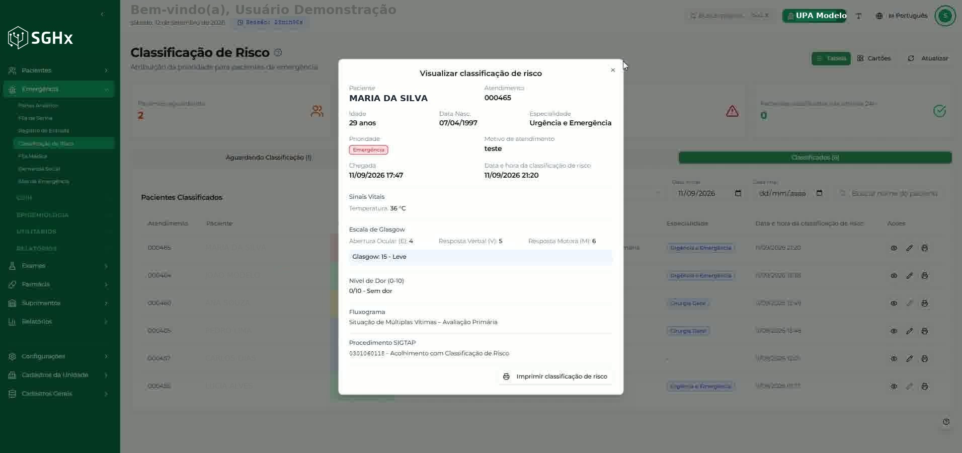 Janela Visualizar classificação de risco com os blocos de dados do atendimento