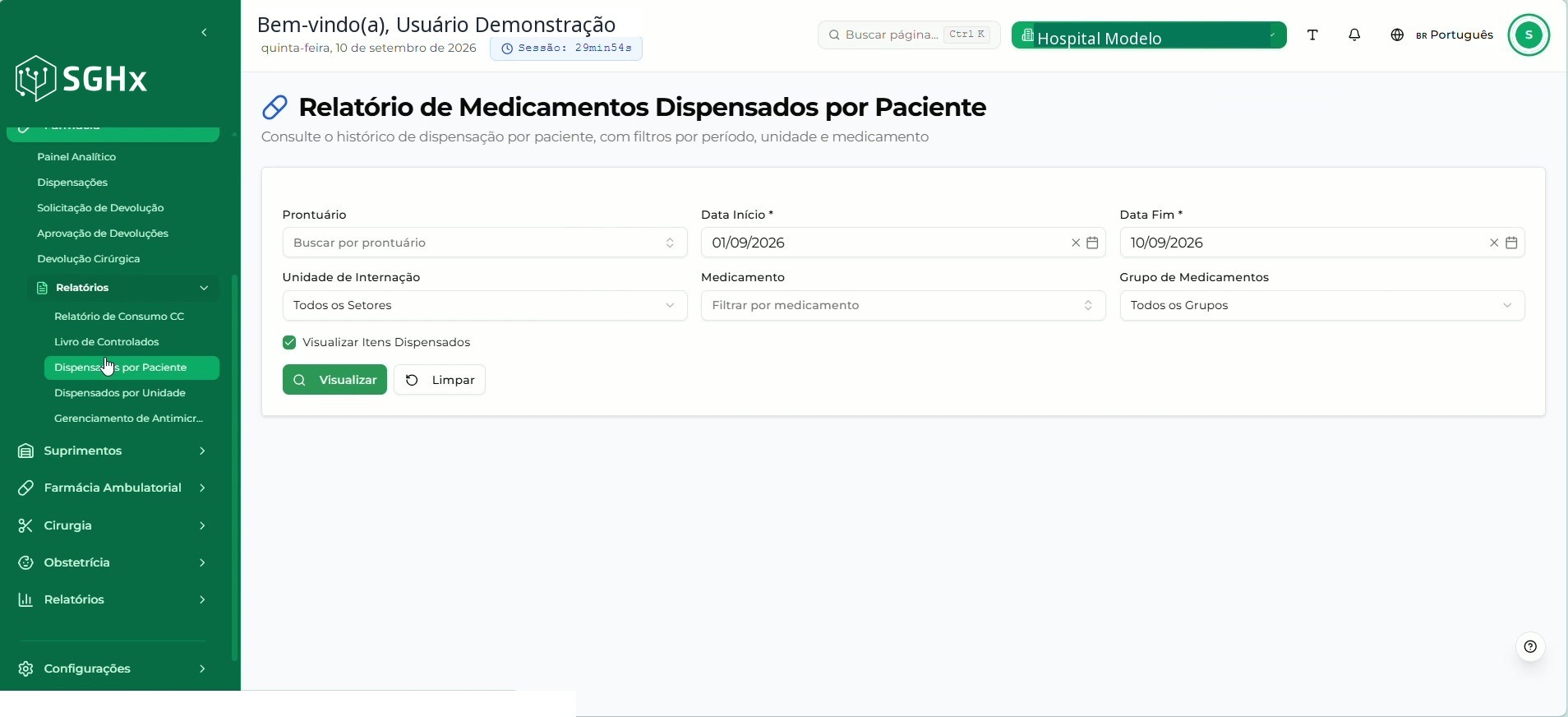 Área de filtros com Prontuário, Data Início, Data Fim, Unidade de Internação, Medicamento, Grupo de Medicamentos, a opção Visualizar Itens Dispensados e os botões Visualizar e Limpar