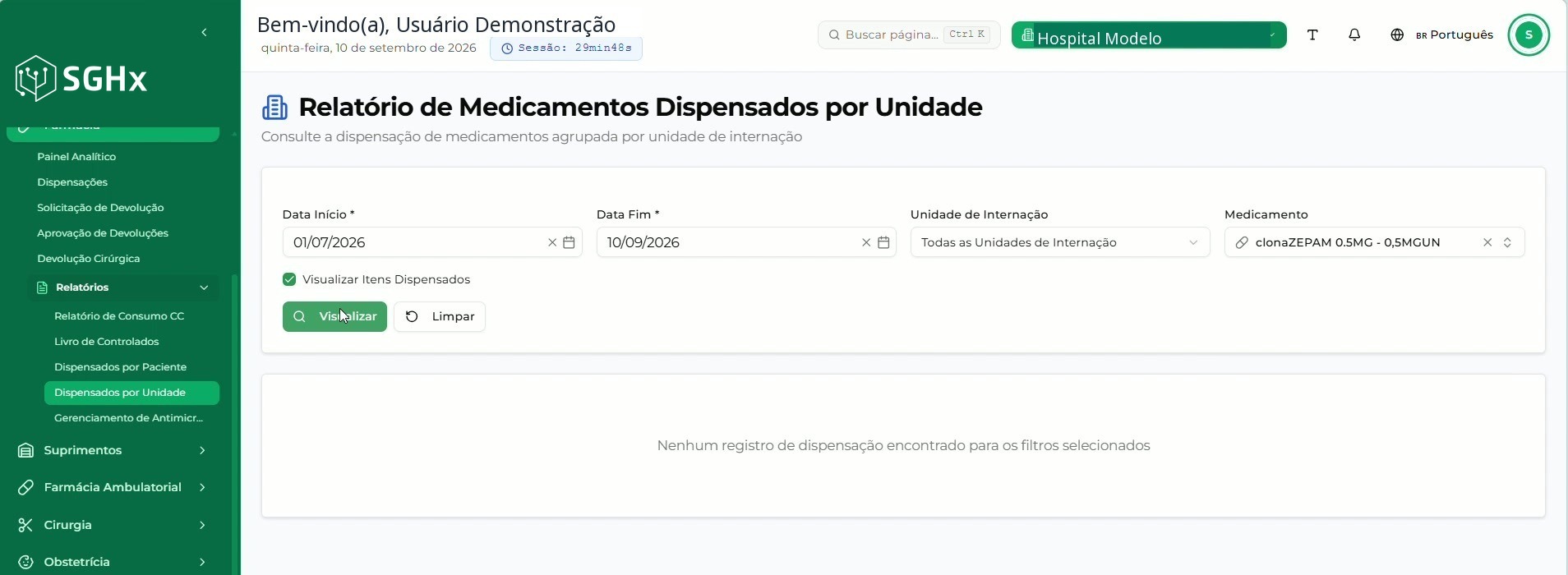 Área de filtros com Data Início, Data Fim, Unidade de Internação, Medicamento, a opção Visualizar Itens Dispensados e os botões Visualizar e Limpar