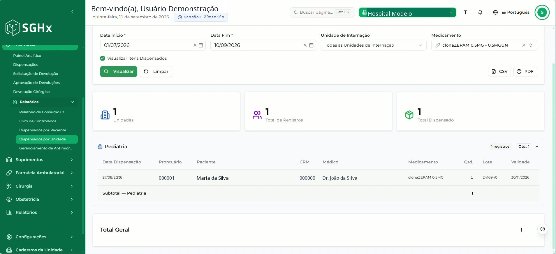 Registros agrupados na unidade Pediatria, com Subtotal da unidade, Total Geral e as ações CSV e PDF