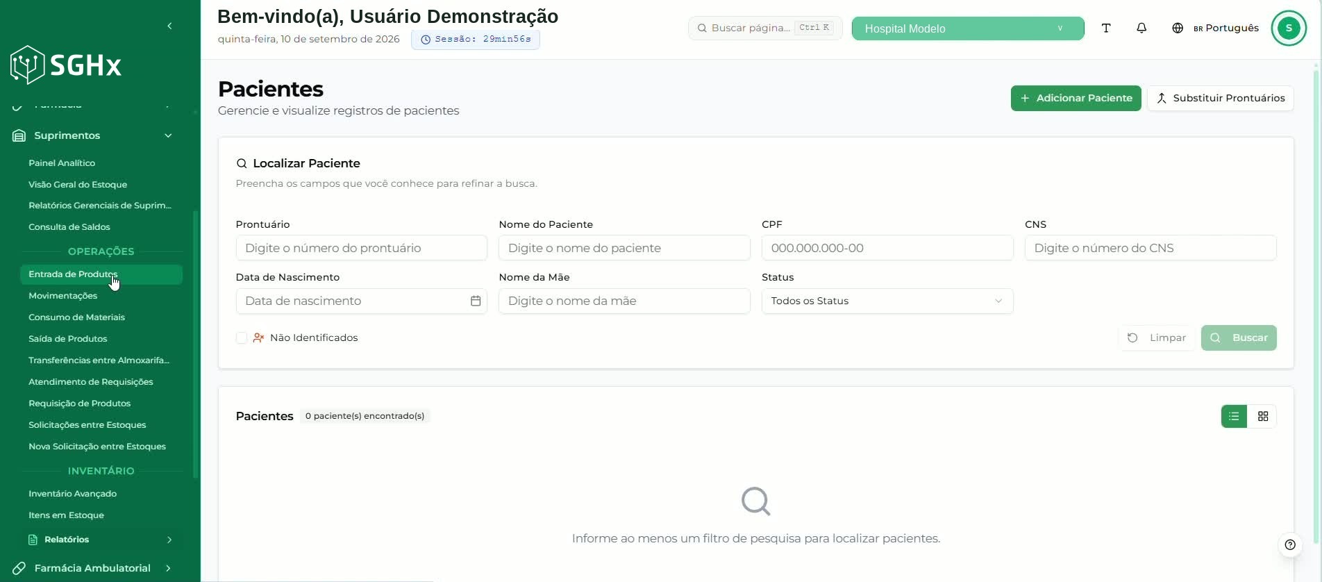 Menu lateral com Suprimentos expandido e a opção Entrada de Produtos