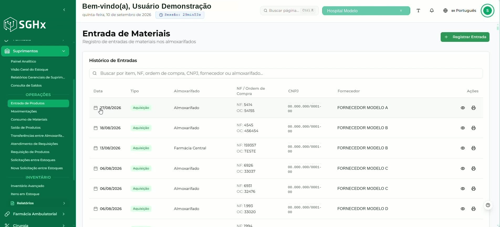 Tela Entrada de Materiais com o Histórico de Entradas e o botão Registrar Entrada