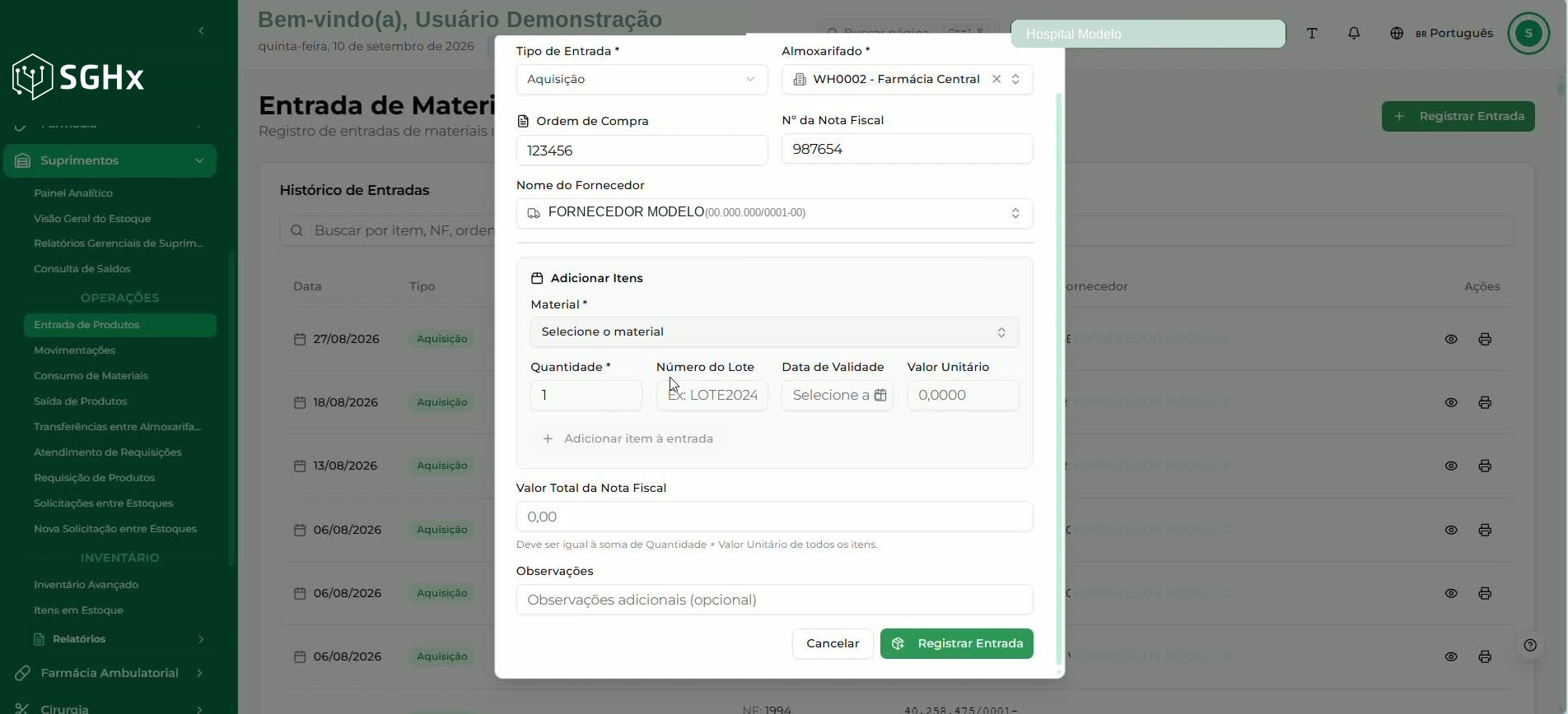 Modal Registrar Entrada de Material com os campos Tipo de Entrada, Almoxarifado, Ordem de Compra, Nº da Nota Fiscal e Nome do Fornecedor