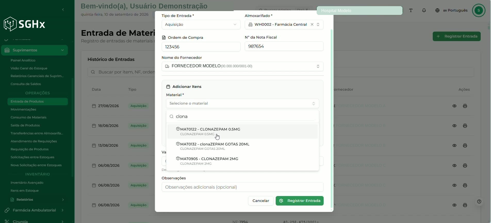 Seção Adicionar Itens com o campo Material e a lista de materiais localizados pela pesquisa