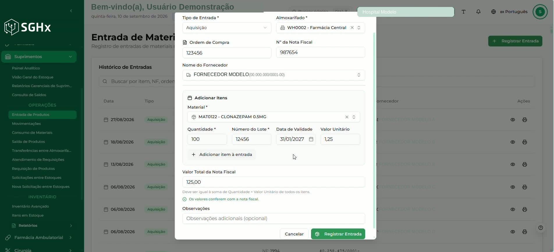 Seção Adicionar Itens com o material selecionado e os campos Quantidade, Número do Lote, Data de Validade e Valor Unitário preenchidos