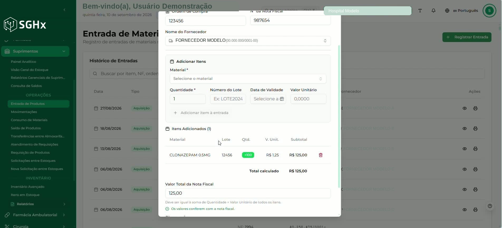 Seção Adicionar Itens com a ação Adicionar item à entrada e a relação Itens Adicionados
