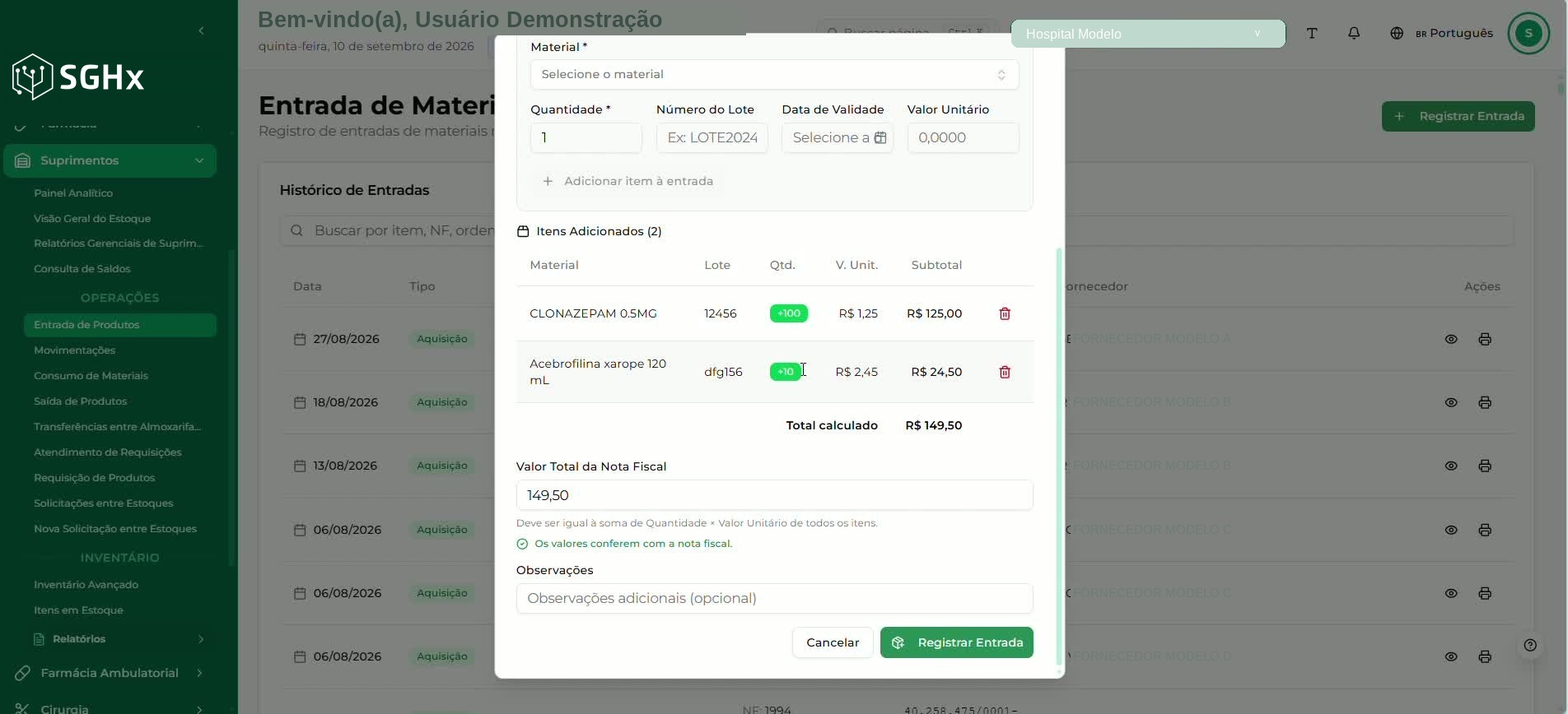 Parte inferior do modal com Valor Total da Nota Fiscal, Observações e o botão Registrar Entrada