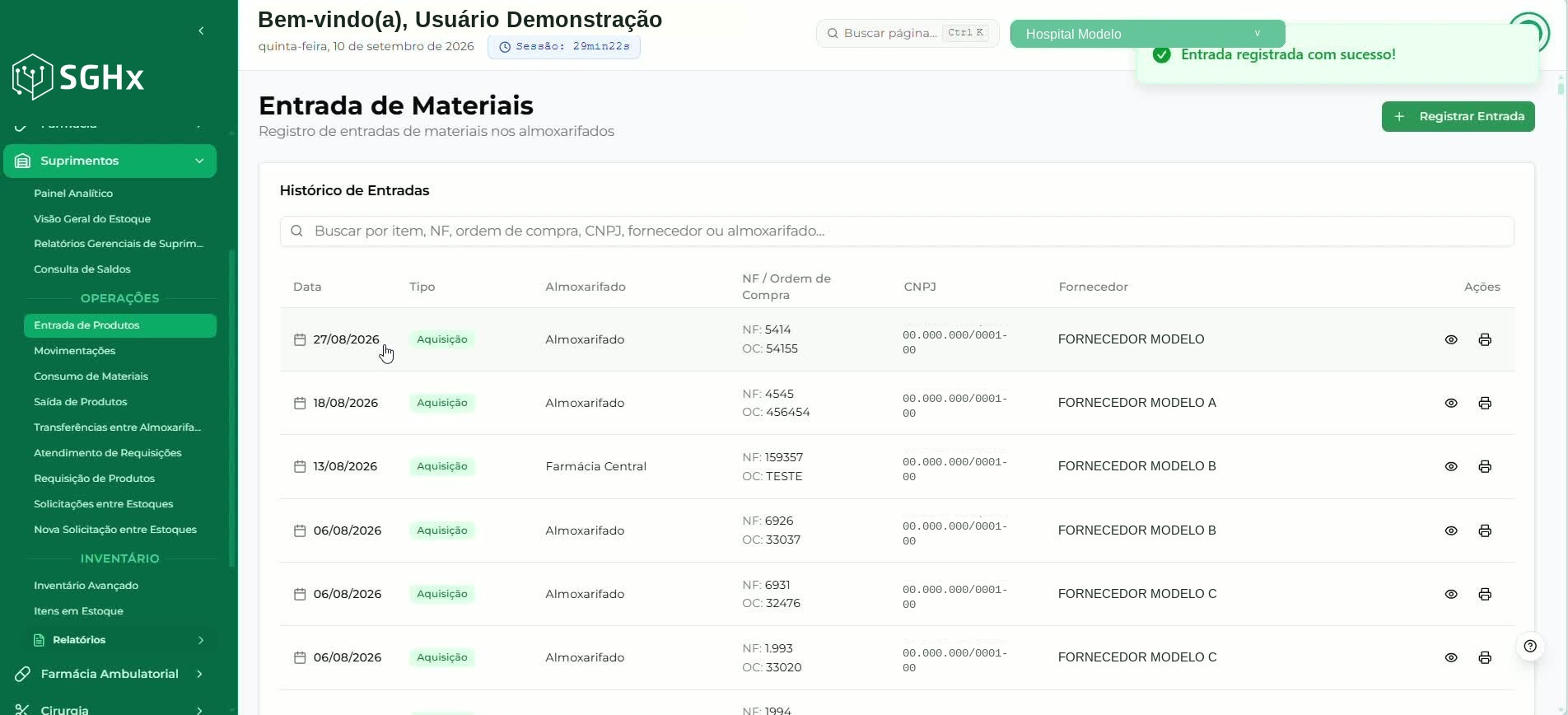 Tela Entrada de Materiais com o Histórico de Entradas atualizado após o registro
