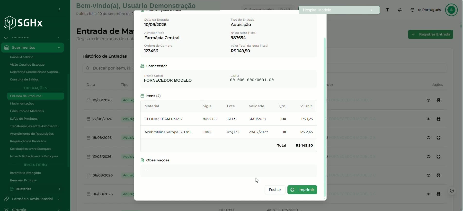 Modal Detalhes da Entrada com informações gerais, fornecedor, itens e observações