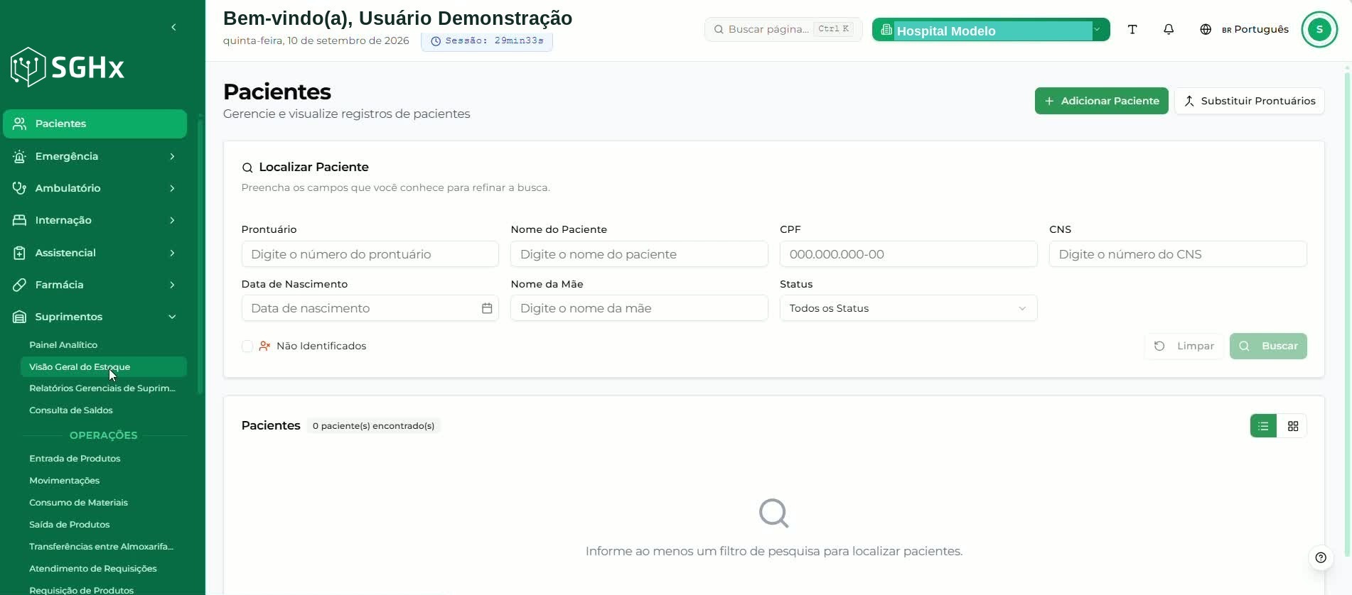 Menu lateral com Suprimentos expandido e a opção Visão Geral do Estoque
