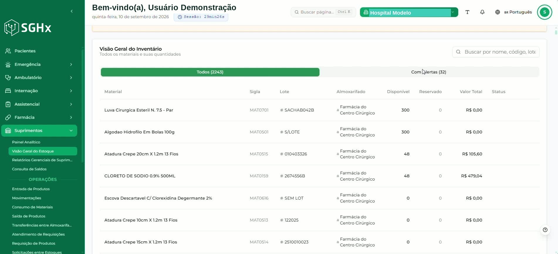 Visão Geral do Inventário com campo de busca, visões Todos e Com Alertas e a relação de materiais